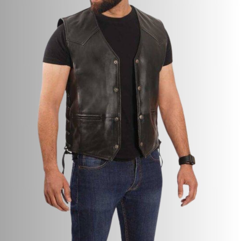 Mens Black Leather Vest – Perfect for Riding and Casual Wear