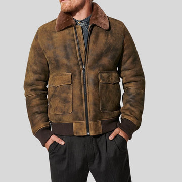 Mens Shearling-Lined Bomber Leather Jacket - Classic Appeal