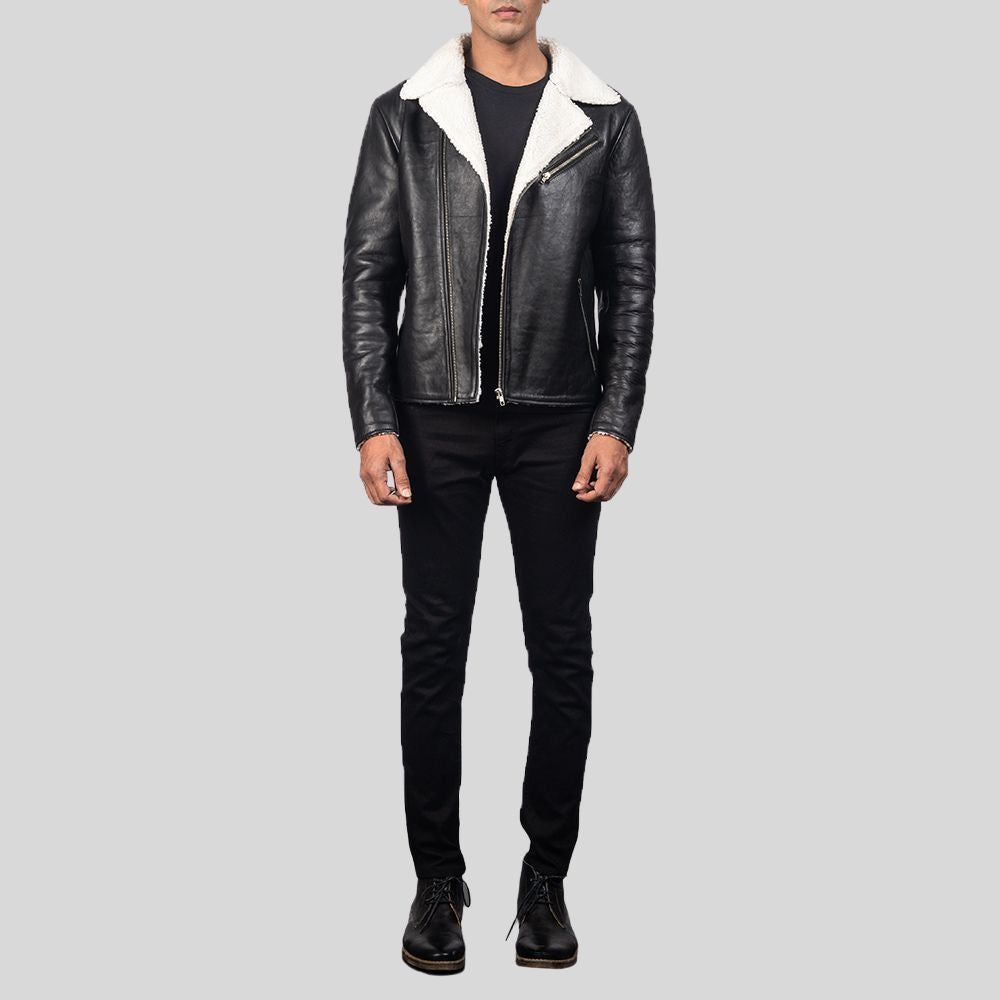 Premium Bomber Leather Jacket – Shearling Collar for Extra Warmth