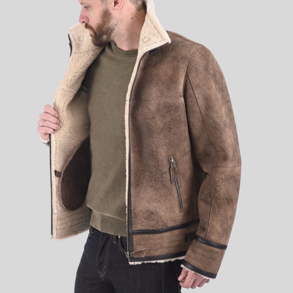 Mens Classic Bomber Leather Jacket - Real Shearling Comfort