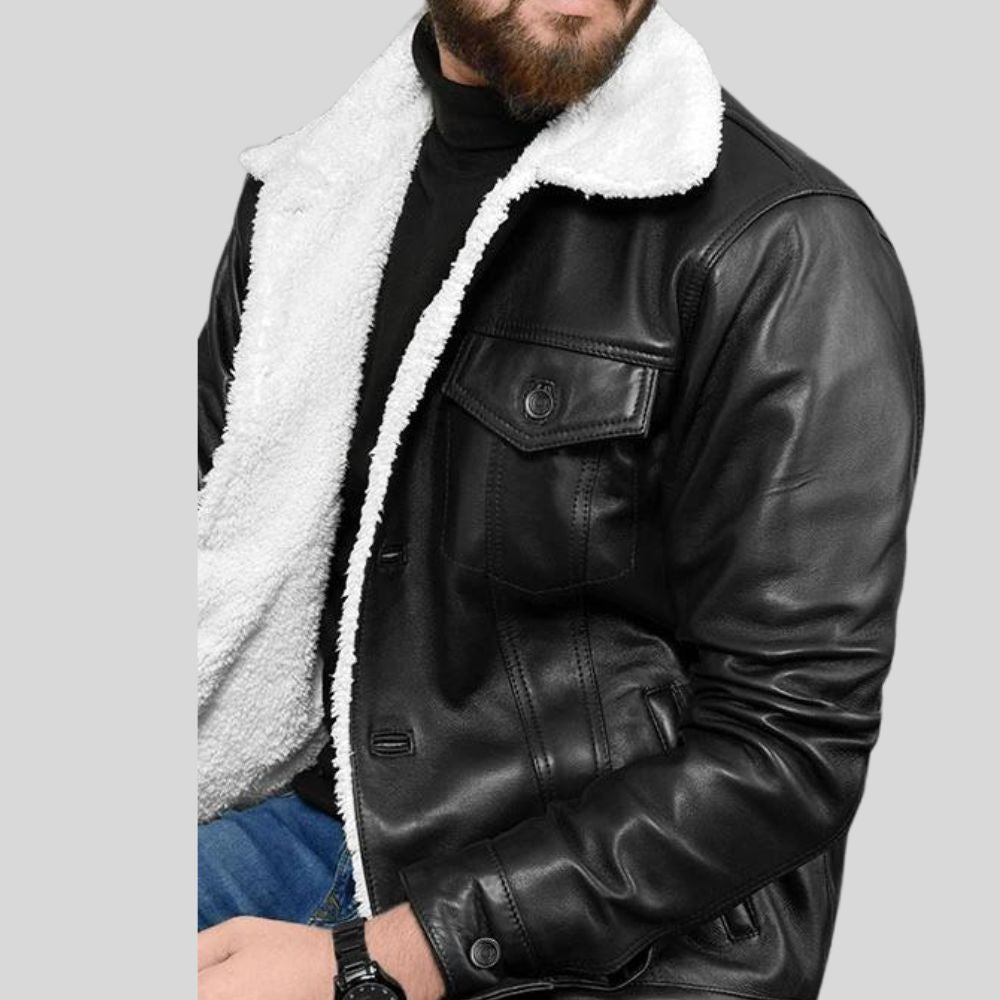 Premium Shearling Bomber Leather Jacket - Crafted for Cold