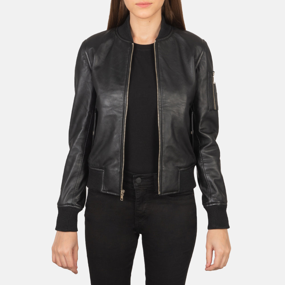Womens Classic Leather Bomber Jacket – Timeless Elegance